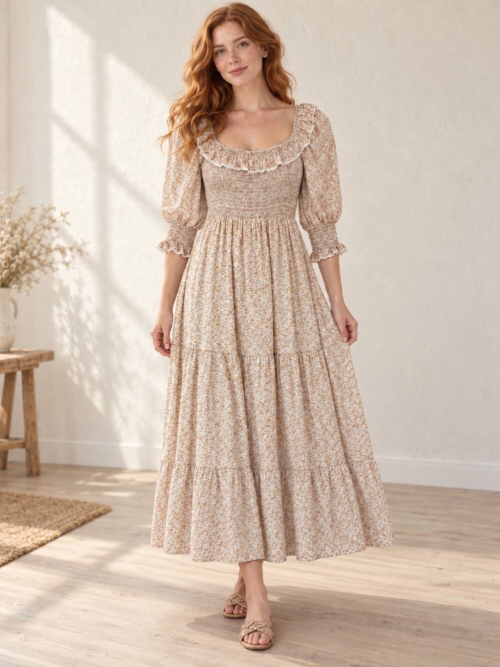 Floral Maxi Dress Smocked Cottagecore Prairie Boho Romantic Coastal Small